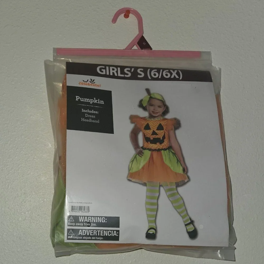 NWT Pumpkin Halloween Costume Girls Small 6/6X Dress Headband Jack O Lantern